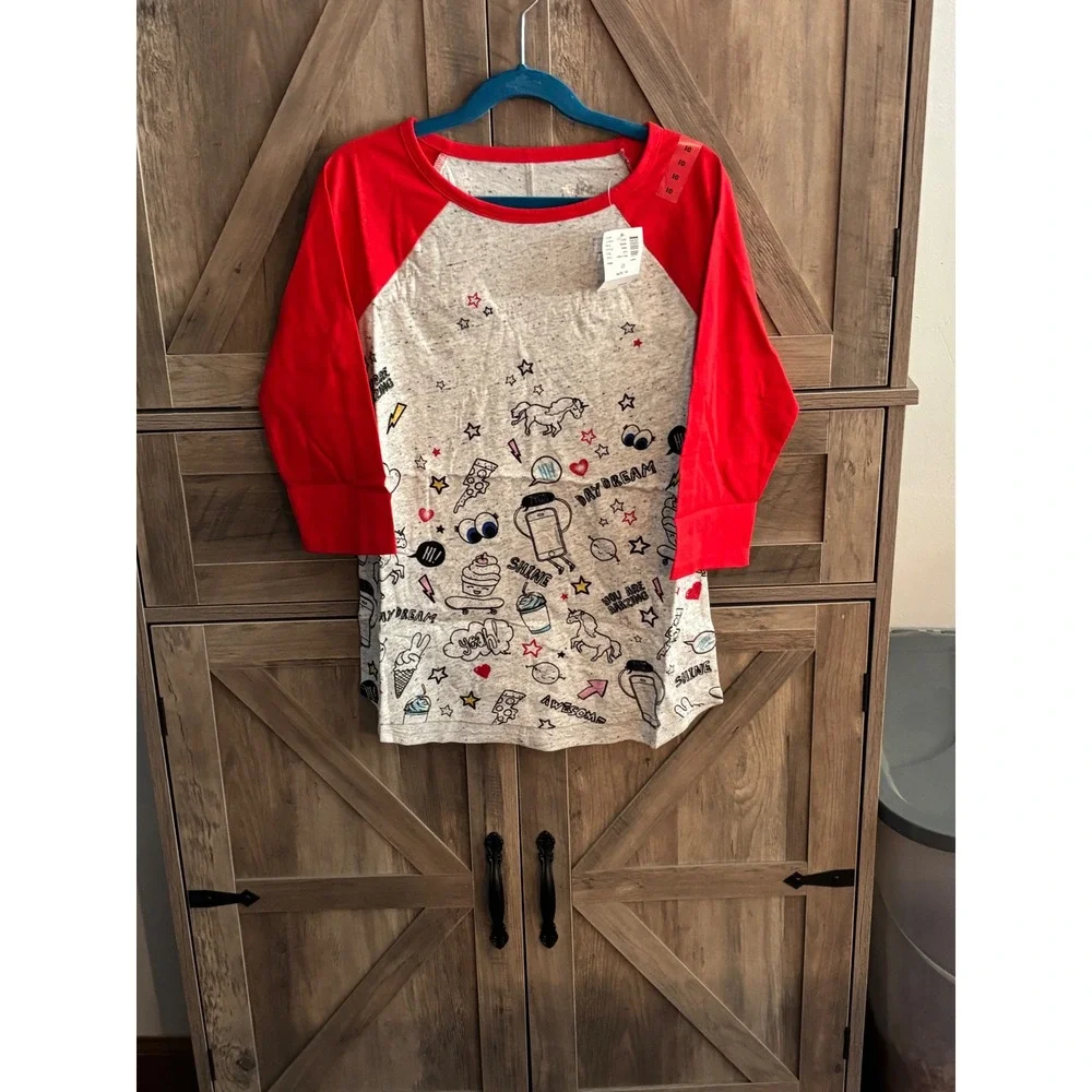 Justice Girls Raglan Baseball Tee Red Gray Doodle Graphic Unicorn Shirt Size 10